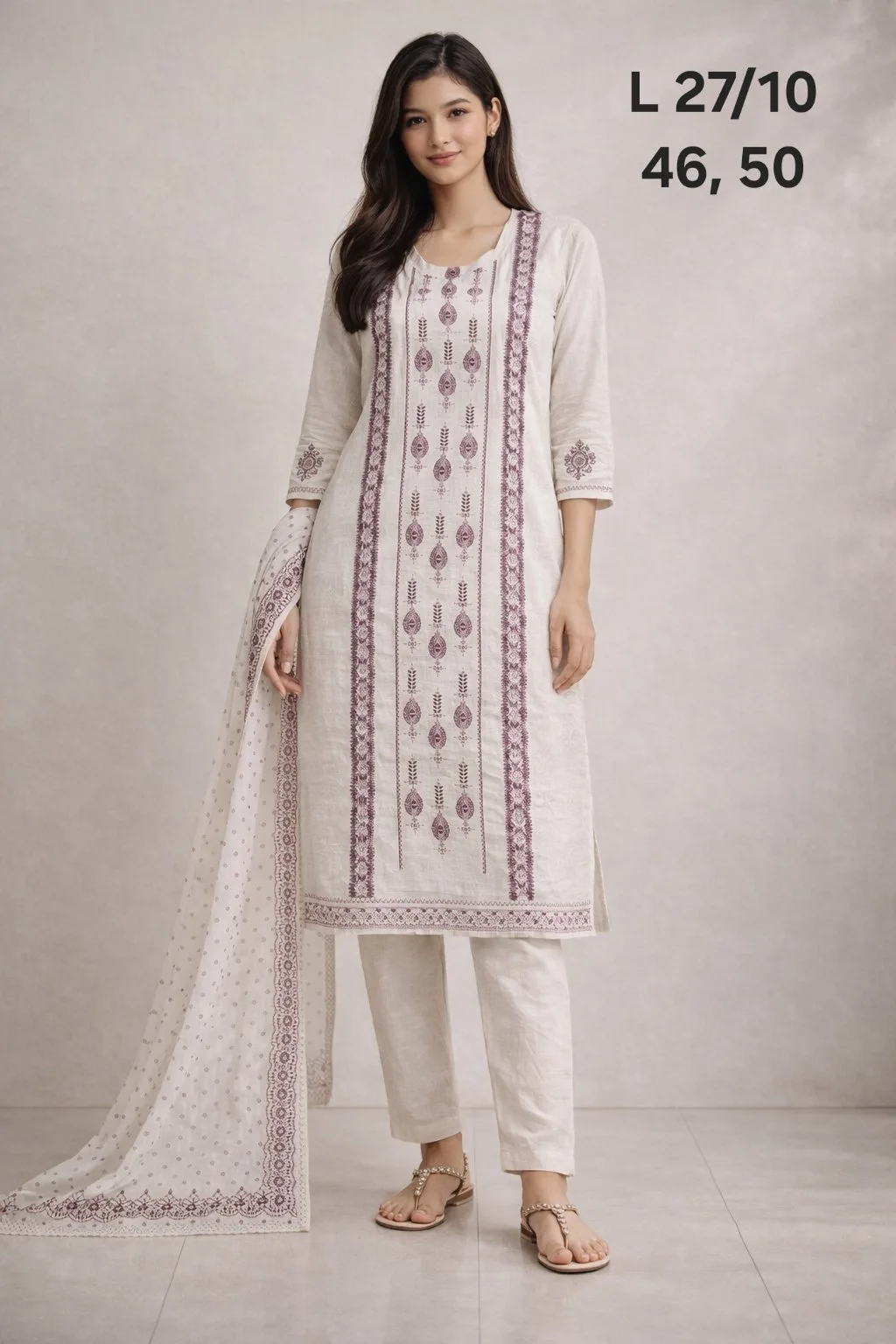 Cream Maroon print 3pc Kurti set