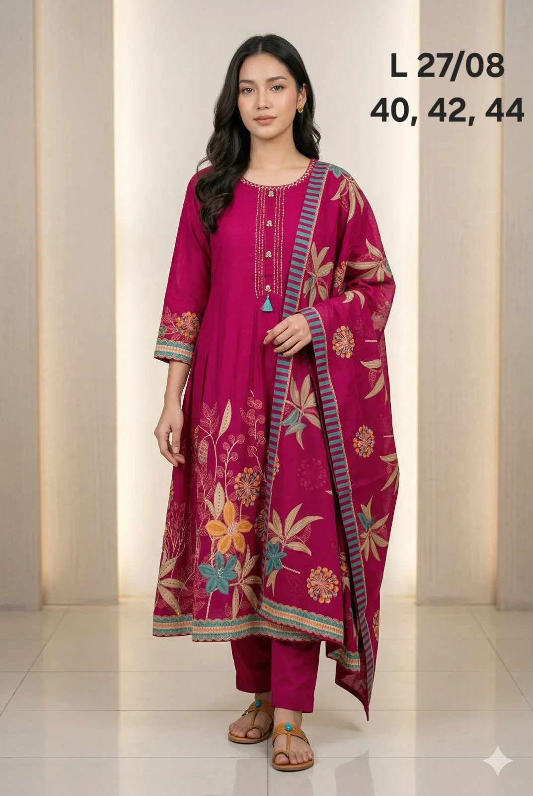 Pink FLower Print Kurti 3pc Set (A Line Cut)