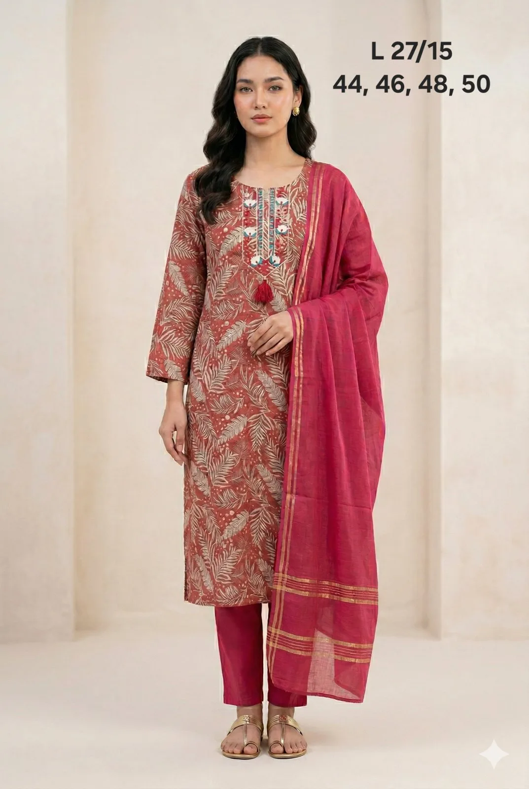 Orange leaves print 3pc kurti set
