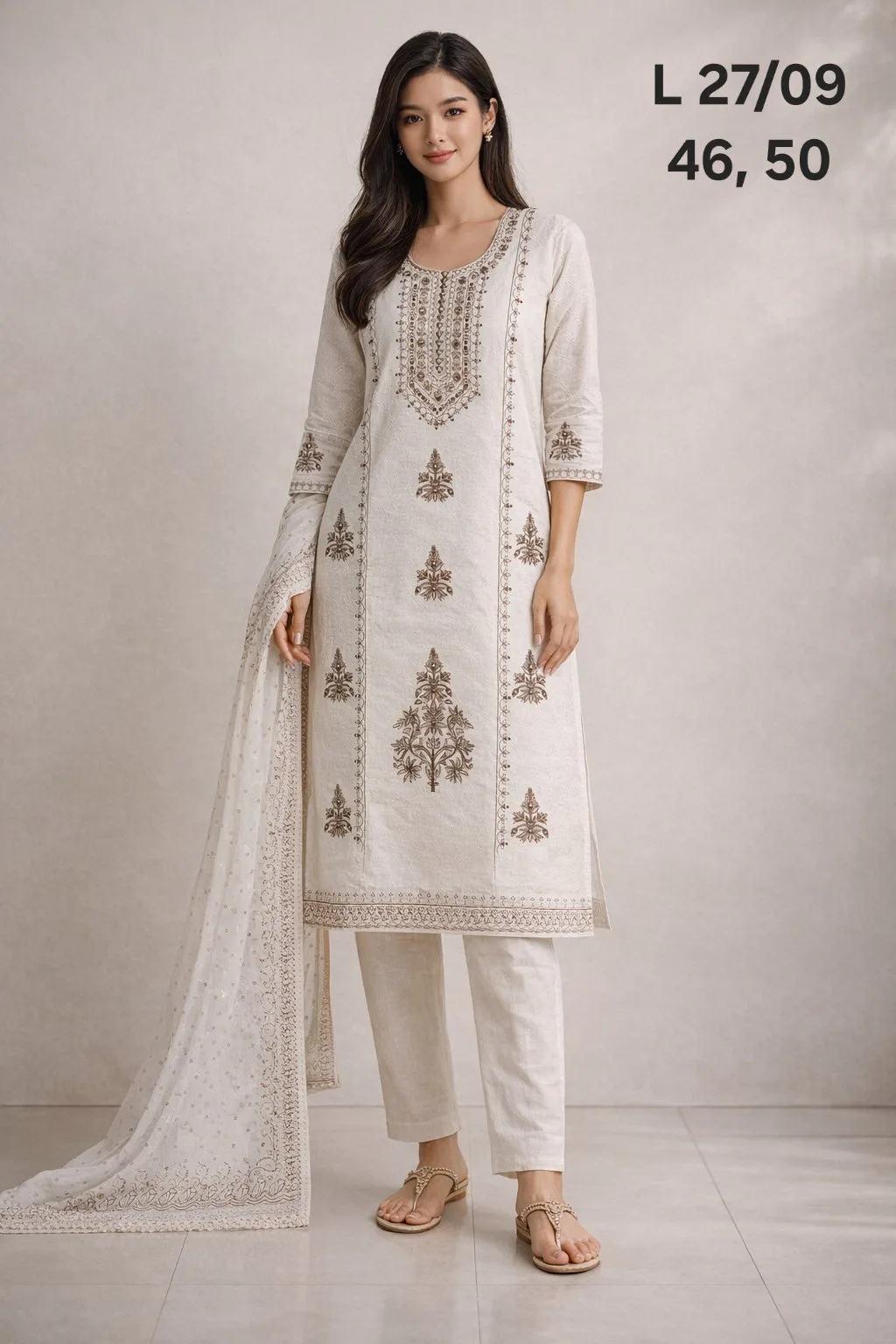 Cream Brown print 3pc Kurti set