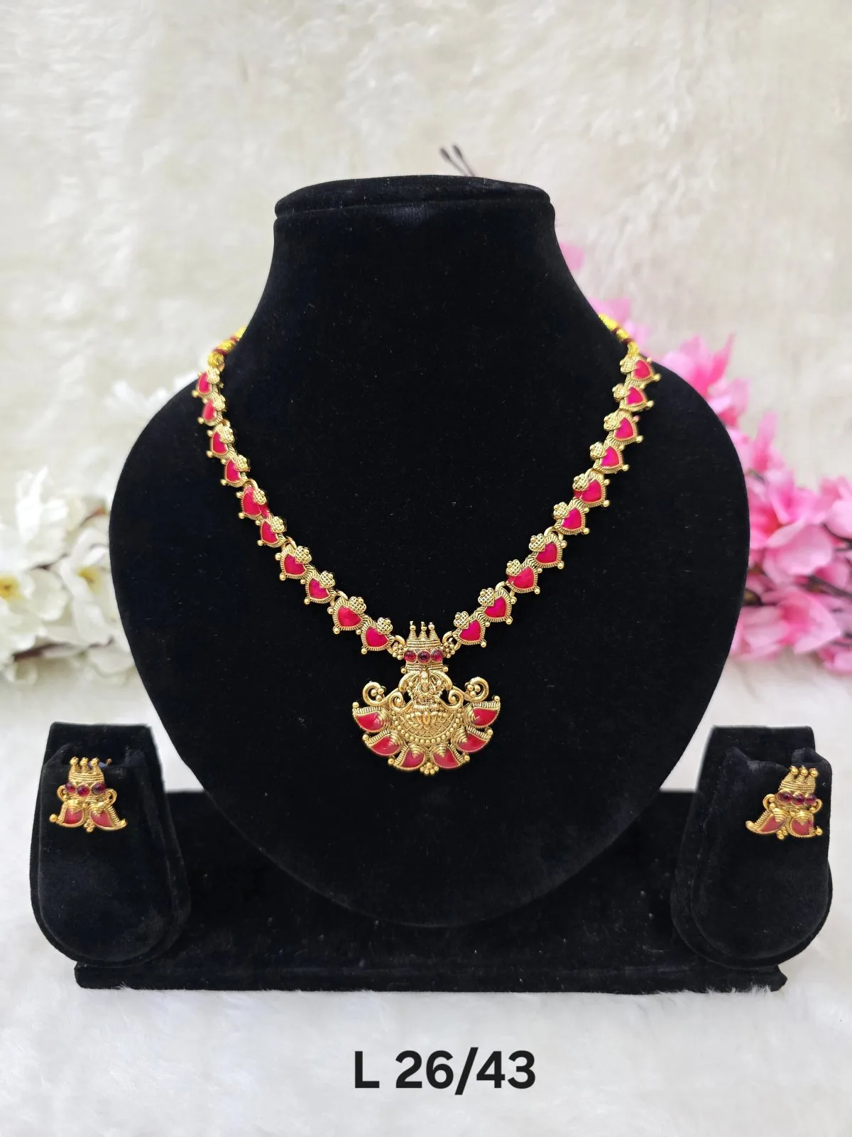small neckless Laxmi Temple Pink stone with earing