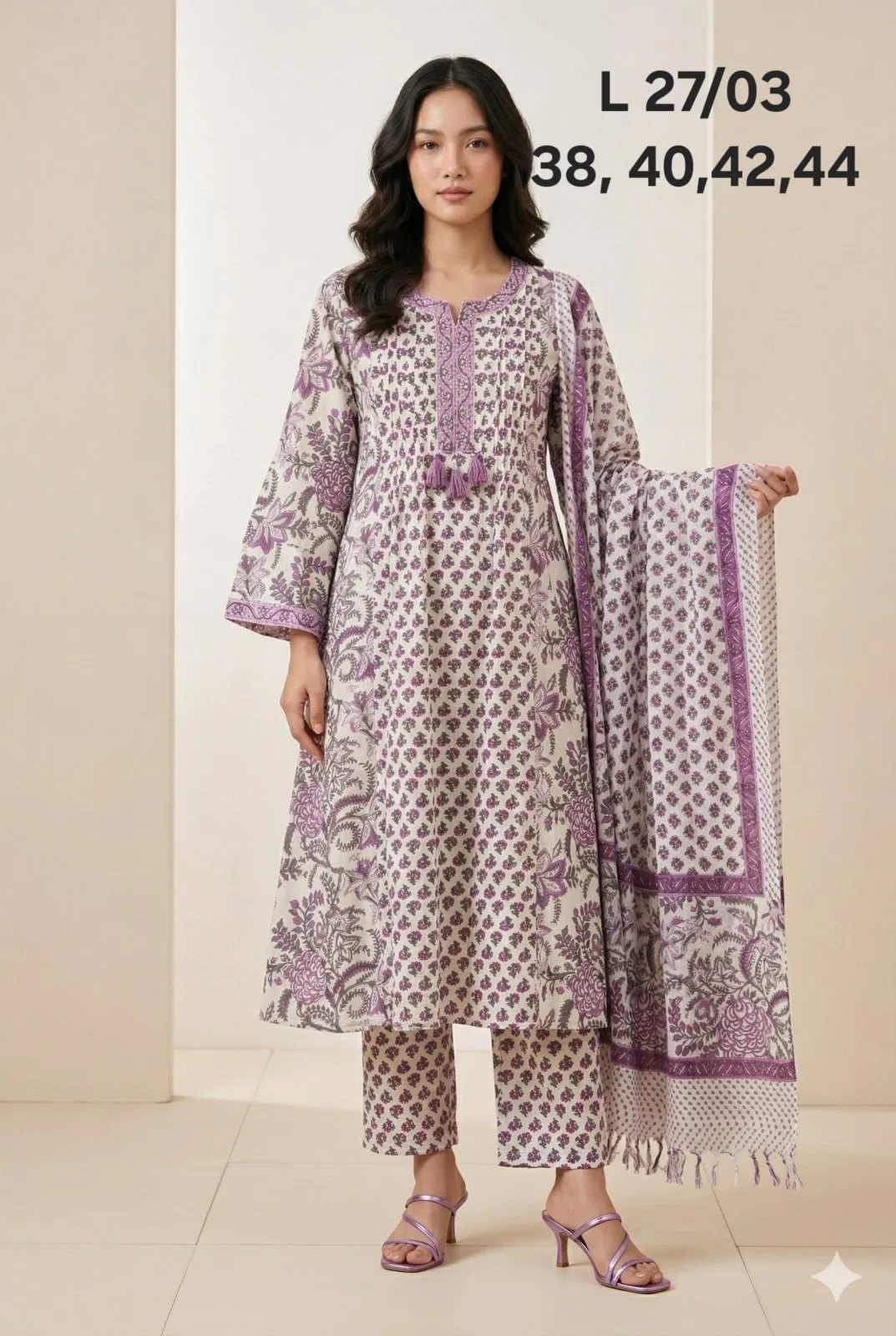 White FLower Print Kurti 3pc Set (A Line Cut)